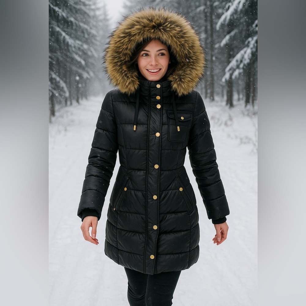 Laundry by Design Black Puffer Jacket with Faux Fur Cinch Waist Size M